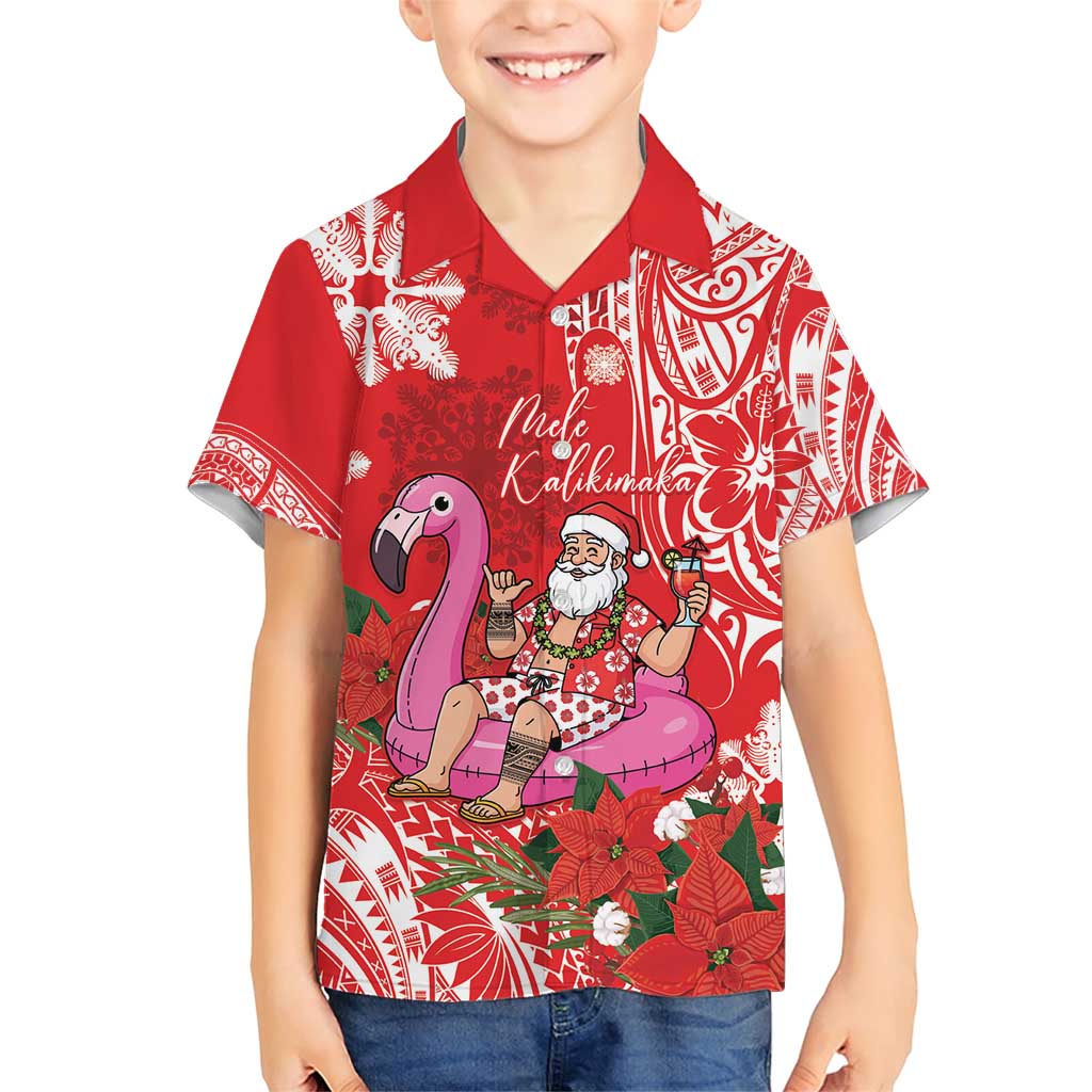 Personalized Hawaii Christmas Family Matching Short Sleeve Bodycon Dress and Hawaiian Shirt Mele Kalikimaka Chilling Shaka Santa Flamingo LT14 Son's Shirt Red - Polynesian Pride