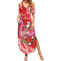Personalized Hawaii Christmas Family Matching Summer Maxi Dress and Hawaiian Shirt Mele Kalikimaka Chilling Shaka Santa Flamingo LT14 Mom's Dress Red - Polynesian Pride