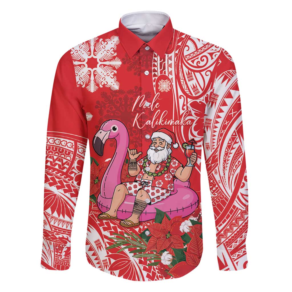 Personalized Hawaii Christmas Family Matching Tank Maxi Dress and Hawaiian Shirt Mele Kalikimaka Chilling Shaka Santa Flamingo LT14 Dad's Shirt - Long Sleeve Red - Polynesian Pride