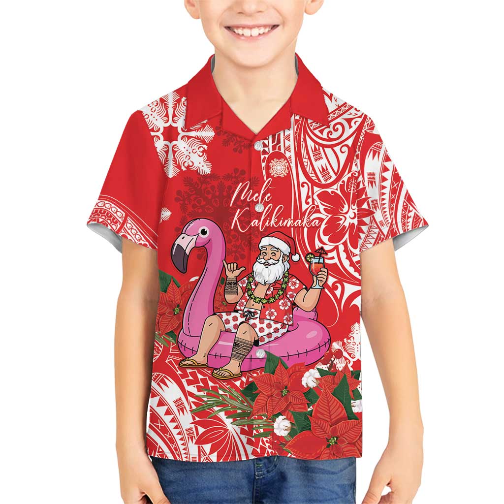 Personalized Hawaii Christmas Family Matching Tank Maxi Dress and Hawaiian Shirt Mele Kalikimaka Chilling Shaka Santa Flamingo LT14 Son's Shirt Red - Polynesian Pride