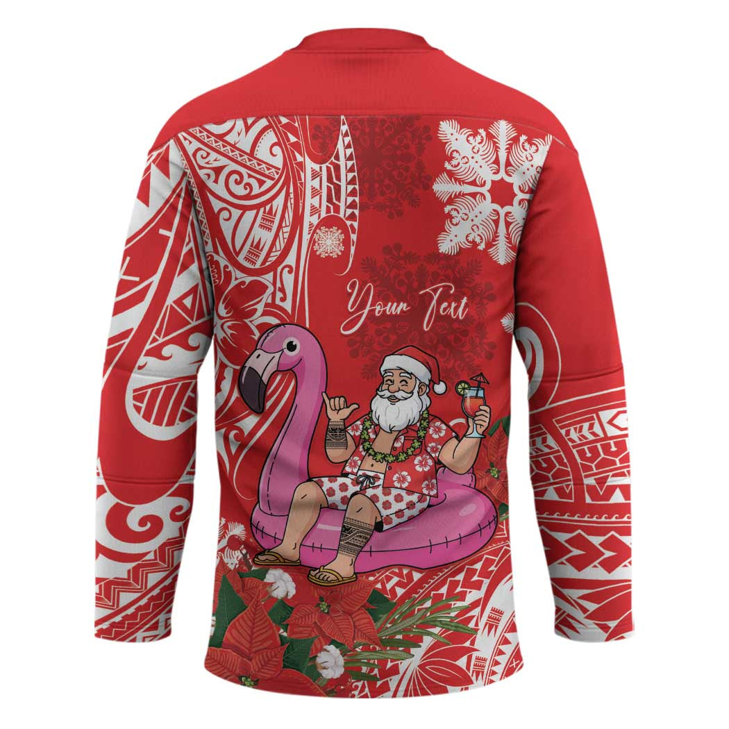 Personalized Hawaii Christmas Hockey Jersey Mele Kalikimaka Chilling Shaka Santa Flamingo - Polynesian Pride