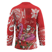 Personalized Hawaii Christmas Hockey Jersey Mele Kalikimaka Chilling Shaka Santa Flamingo - Polynesian Pride