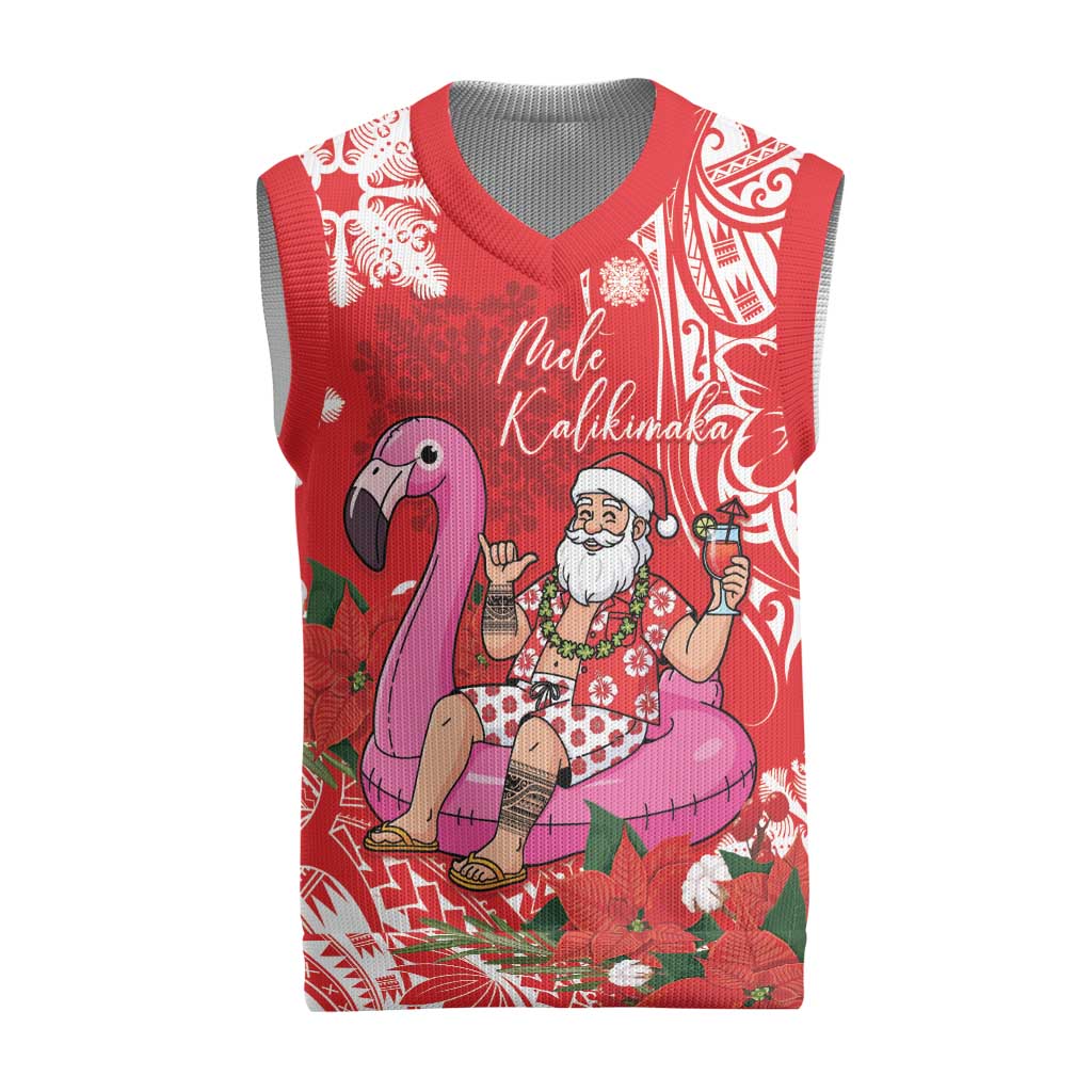 Personalized Hawaii Christmas Knitted V-Neck Vest Mele Kalikimaka Chilling Shaka Santa Flamingo - Polynesian Pride
