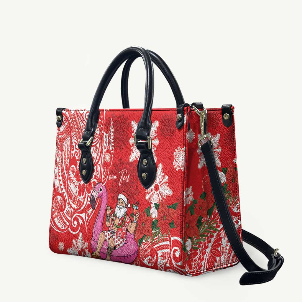 Personalized Hawaii Christmas Leather Bag Mele Kalikimaka Chilling Shaka Santa Flamingo - Polynesian Pride
