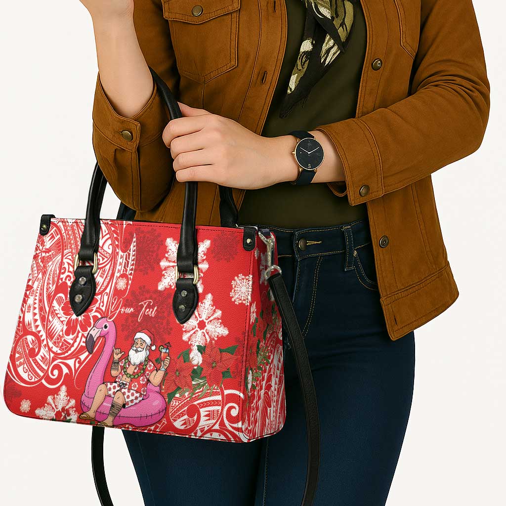 Personalized Hawaii Christmas Leather Bag Mele Kalikimaka Chilling Shaka Santa Flamingo - Polynesian Pride