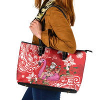 Personalized Hawaii Christmas Leather Tote Bag Mele Kalikimaka Chilling Shaka Santa Flamingo - Polynesian Pride