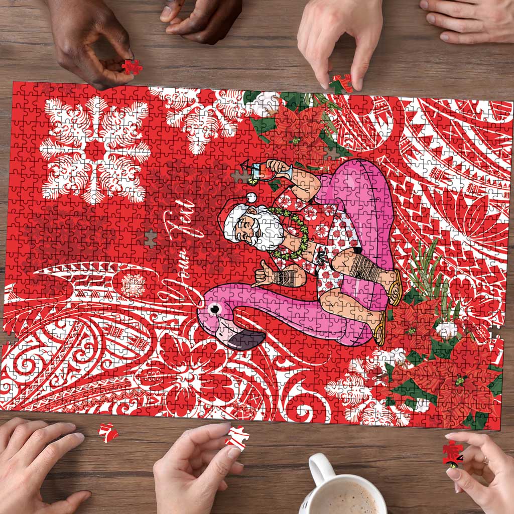 Personalized Hawaii Christmas Puzzle Mele Kalikimaka Chilling Shaka Santa Flamingo LT14 - Polynesian Pride