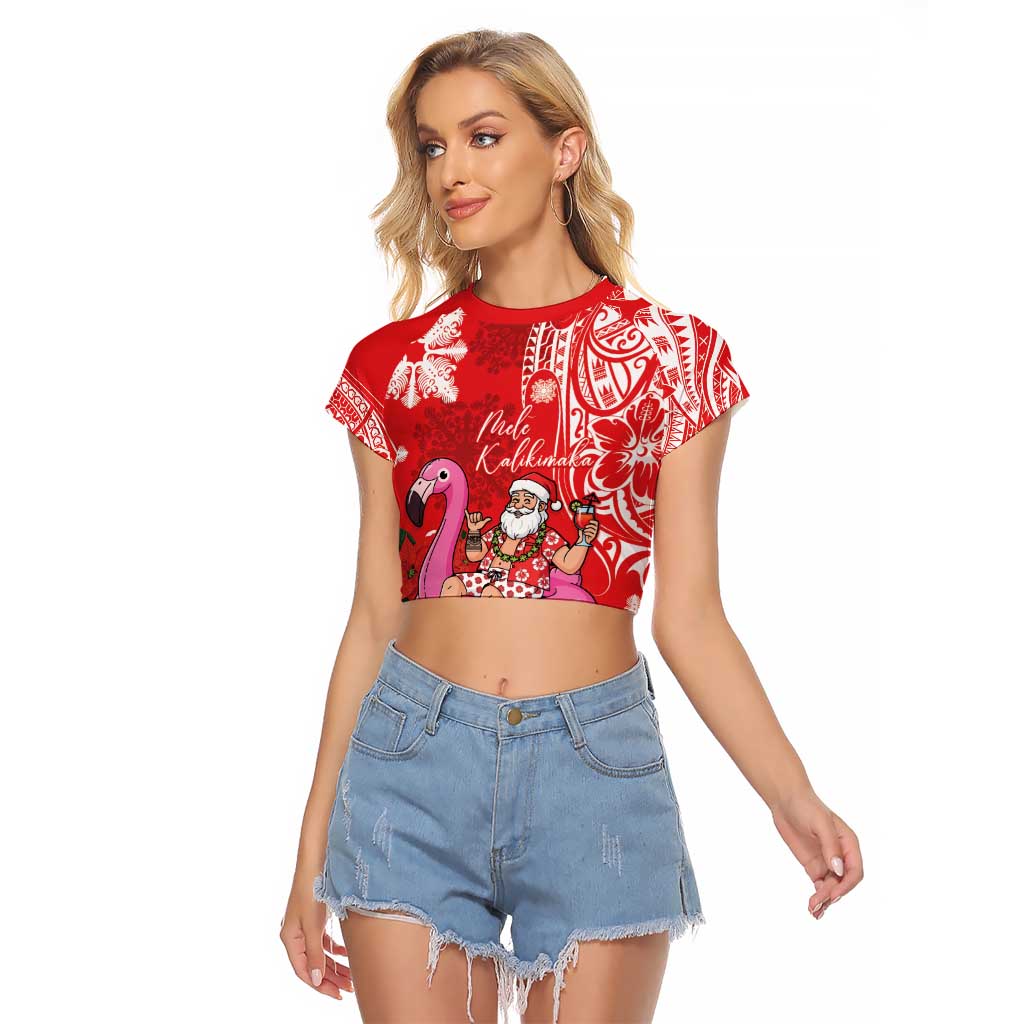 Personalized Hawaii Christmas Raglan Cropped T Shirt Mele Kalikimaka Chilling Shaka Santa Flamingo - Polynesian Pride