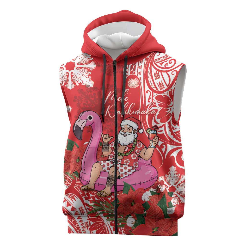 Personalized Hawaii Christmas Sleeveless Zip Hoodie Mele Kalikimaka Chilling Shaka Santa Flamingo - Polynesian Pride
