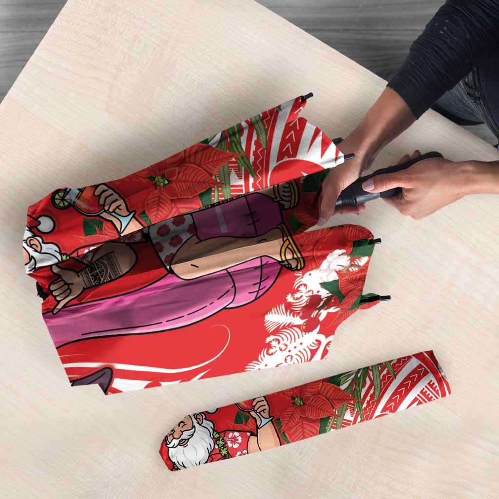 Personalized Hawaii Christmas Umbrella Mele Kalikimaka Chilling Shaka Santa Flamingo - Polynesian Pride