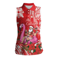 Personalized Hawaii Christmas Women Sleeveless Polo Shirt Mele Kalikimaka Chilling Shaka Santa Flamingo LT14 Female Red - Polynesian Pride