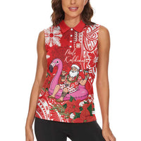 Personalized Hawaii Christmas Women Sleeveless Polo Shirt Mele Kalikimaka Chilling Shaka Santa Flamingo LT14 - Polynesian Pride