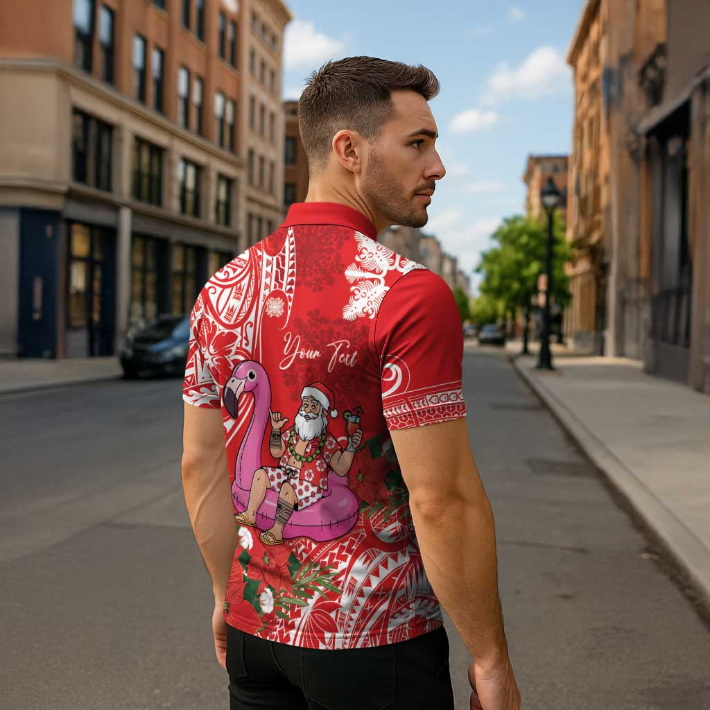 Personalized Hawaii Christmas Zipper Polo Shirt Mele Kalikimaka Chilling Shaka Santa Flamingo - Polynesian Pride