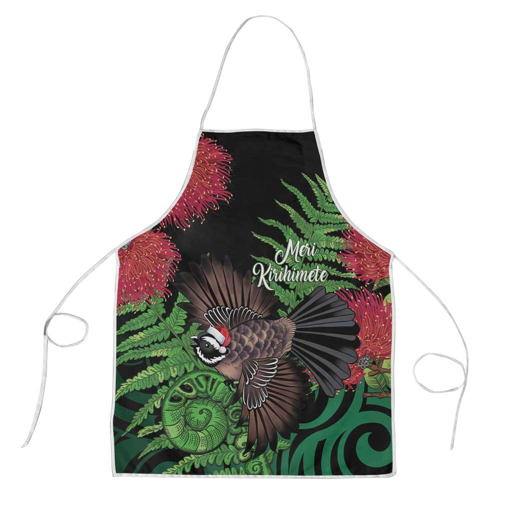 Meri Kirihimete New Zealand Apron Piwakawaka Koru Fern Mix Pohutukawa LT14 Black - Polynesian Pride