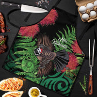 Meri Kirihimete New Zealand Apron Piwakawaka Koru Fern Mix Pohutukawa LT14 Black - Polynesian Pride