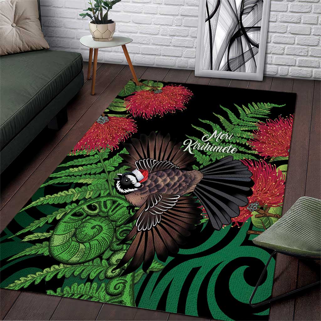 Meri Kirihimete New Zealand Area Rug Piwakawaka Koru Fern Mix Pohutukawa LT14 Black - Polynesian Pride