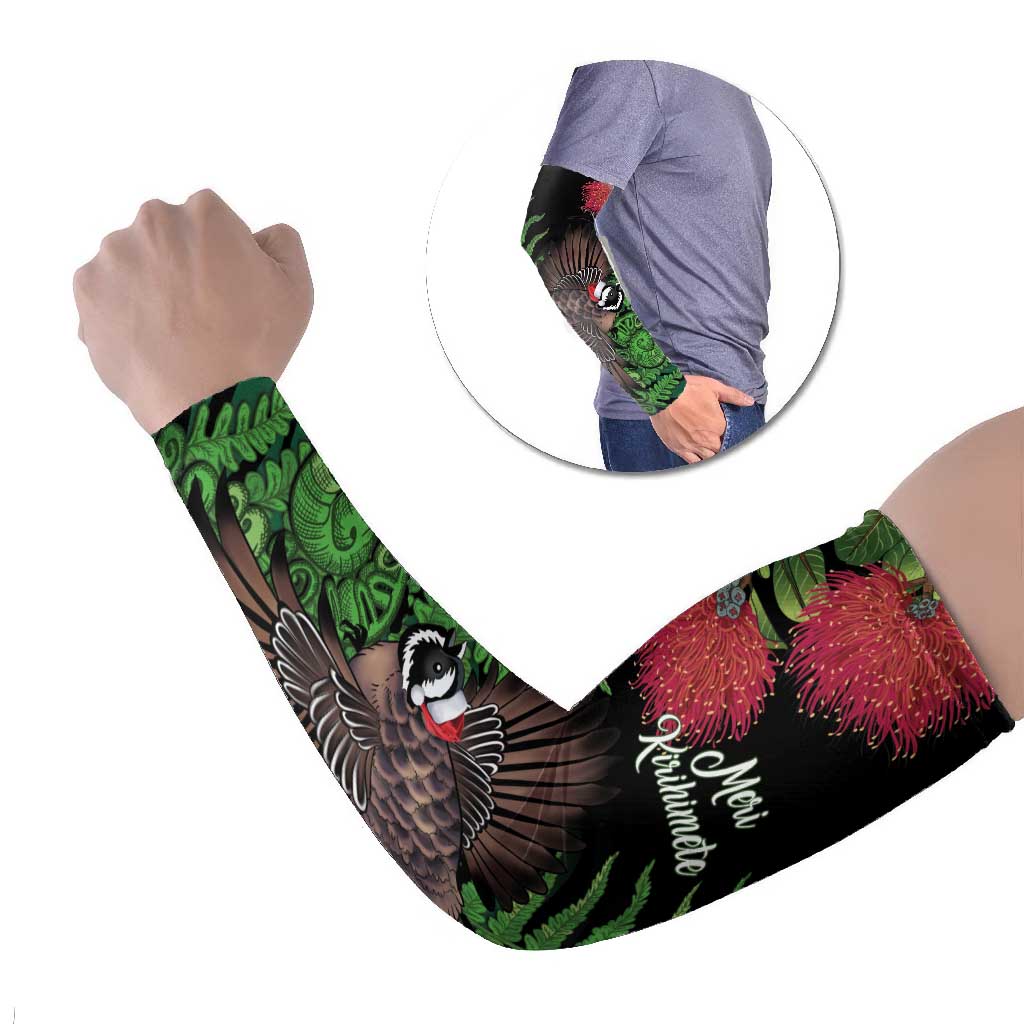 Meri Kirihimete New Zealand Arm Sleeves Piwakawaka Koru Fern Mix Pohutukawa LT14 Set of 2 Black - Polynesian Pride