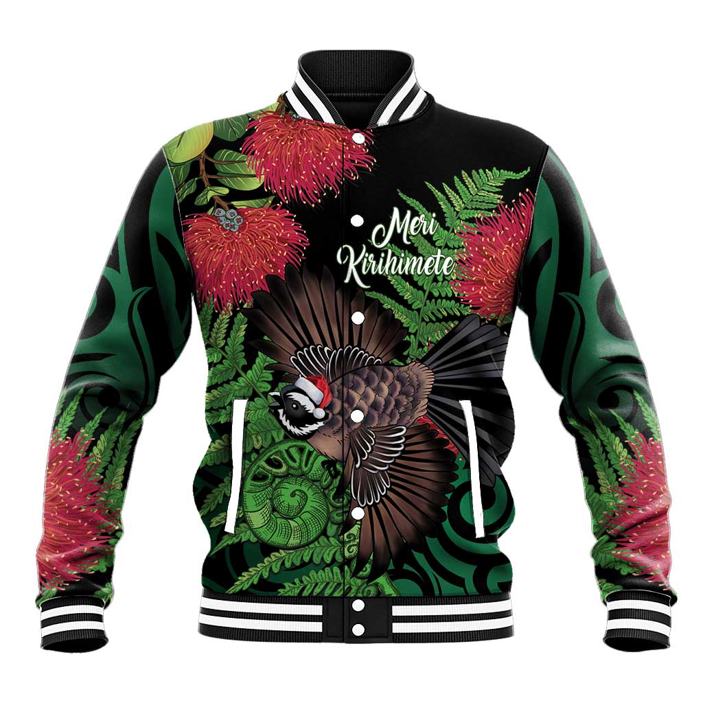 Meri Kirihimete New Zealand Baseball Jacket Piwakawaka Koru Fern Mix Pohutukawa - Polynesian Pride