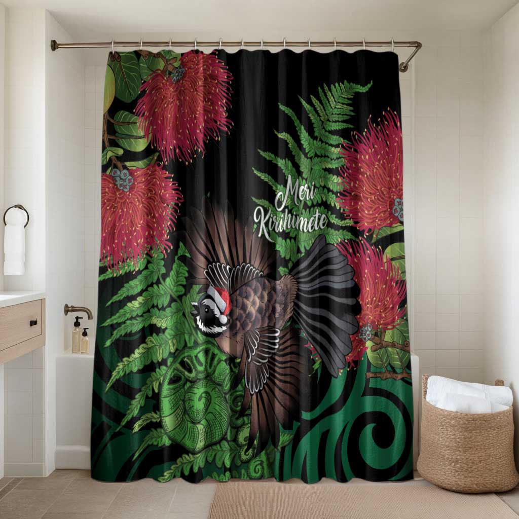 Meri Kirihimete New Zealand Bathroom Set Piwakawaka Koru Fern Mix Pohutukawa LT14 Shower Curtain Only Black - Polynesian Pride