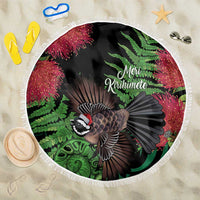 Meri Kirihimete New Zealand Beach Blanket Piwakawaka Koru Fern Mix Pohutukawa LT14 One Size 150cm Black - Polynesian Pride