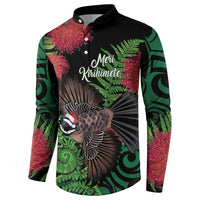 Meri Kirihimete New Zealand Button Sweatshirt Piwakawaka Koru Fern Mix Pohutukawa - Polynesian Pride
