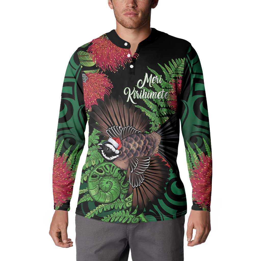 Meri Kirihimete New Zealand Button Sweatshirt Piwakawaka Koru Fern Mix Pohutukawa - Polynesian Pride