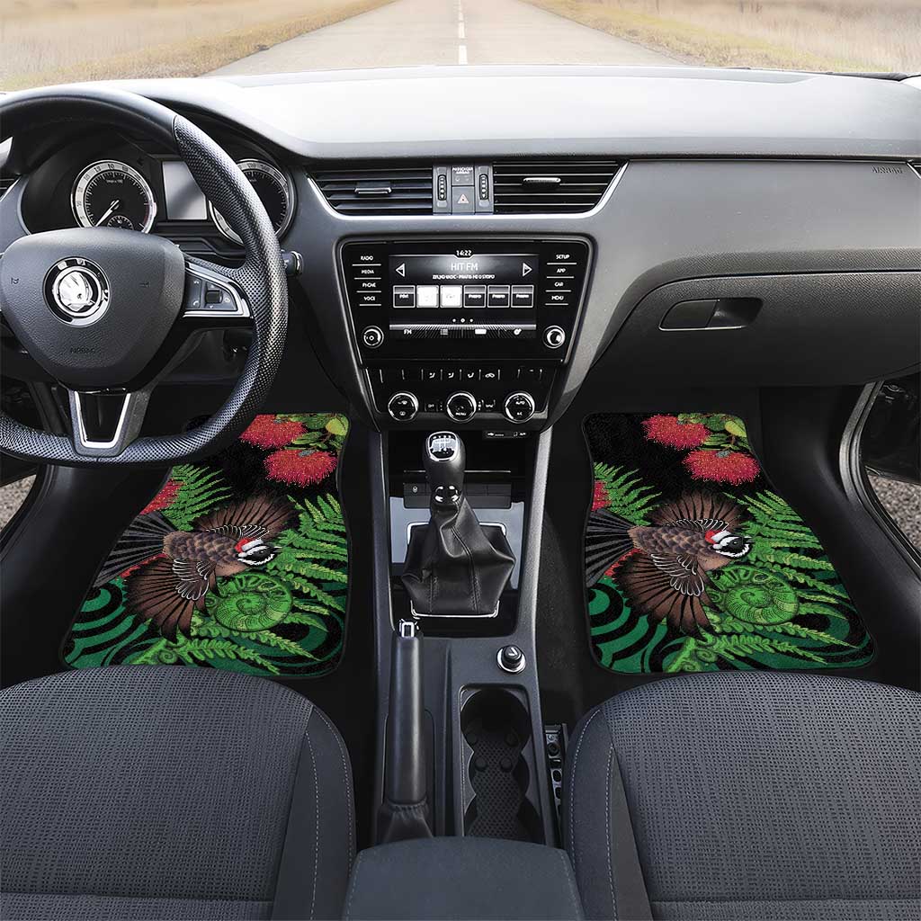 Meri Kirihimete New Zealand Car Mats Piwakawaka Koru Fern Mix Pohutukawa LT14 Set 2pcs - Front Black - Polynesian Pride