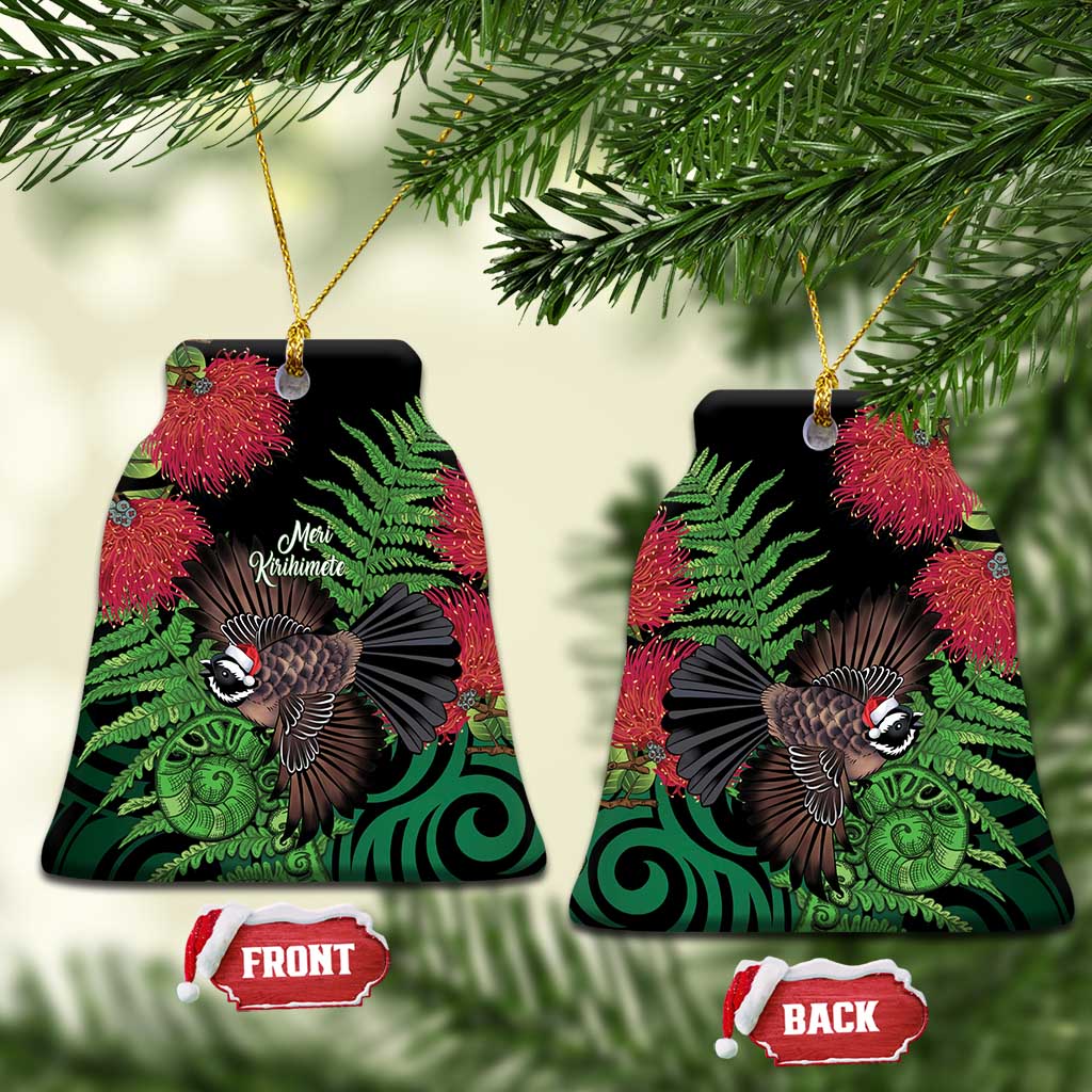 Meri Kirihimete New Zealand Ceramic Ornament Piwakawaka Koru Fern Mix Pohutukawa LT14 Bell Flake Black - Polynesian Pride