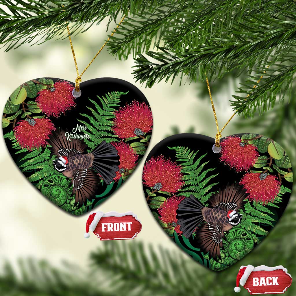 Meri Kirihimete New Zealand Ceramic Ornament Piwakawaka Koru Fern Mix Pohutukawa LT14 Heart Black - Polynesian Pride