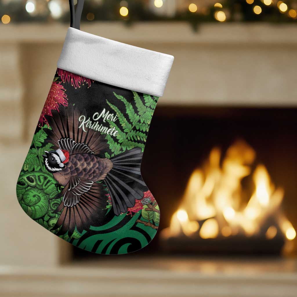 Meri Kirihimete New Zealand Christmas Stocking Piwakawaka Koru Fern Mix Pohutukawa LT14 Set of 2 Black - Polynesian Pride