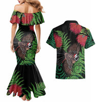 Meri Kirihimete New Zealand Couples Matching Mermaid Dress and Hawaiian Shirt Piwakawaka Koru Fern Mix Pohutukawa - Polynesian Pride