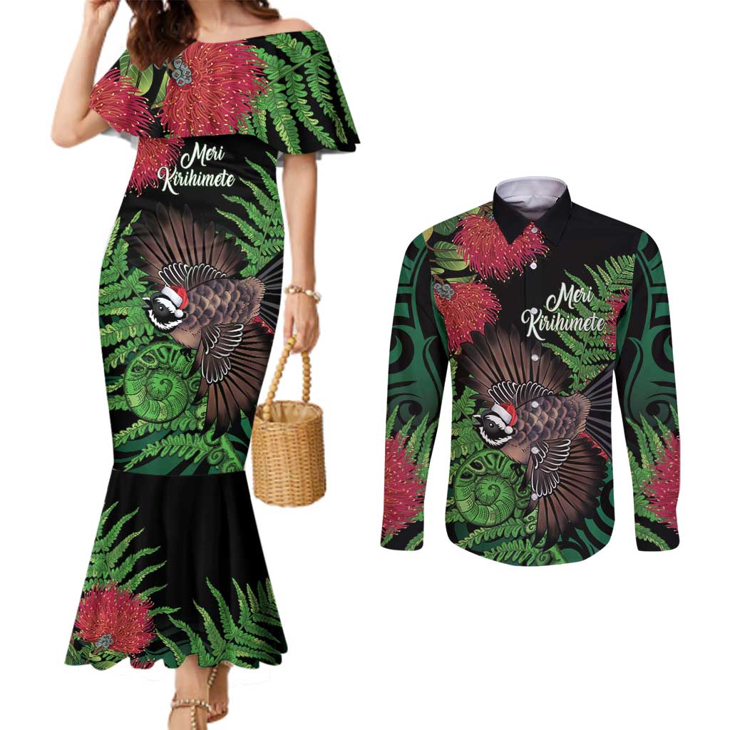 Meri Kirihimete New Zealand Couples Matching Mermaid Dress and Long Sleeve Button Shirt Piwakawaka Koru Fern Mix Pohutukawa - Polynesian Pride