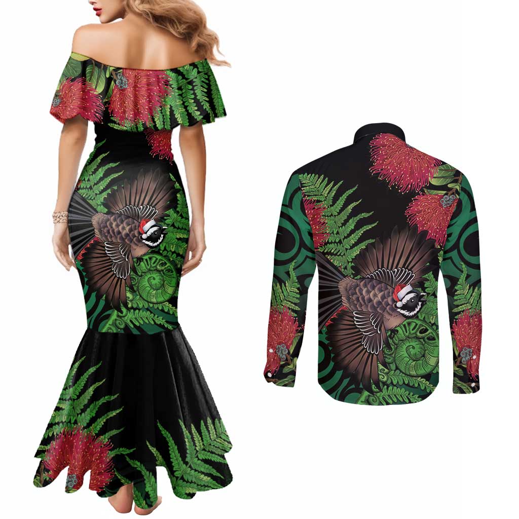 Meri Kirihimete New Zealand Couples Matching Mermaid Dress and Long Sleeve Button Shirt Piwakawaka Koru Fern Mix Pohutukawa - Polynesian Pride