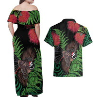 Meri Kirihimete New Zealand Couples Matching Off Shoulder Maxi Dress and Hawaiian Shirt Piwakawaka Koru Fern Mix Pohutukawa - Polynesian Pride