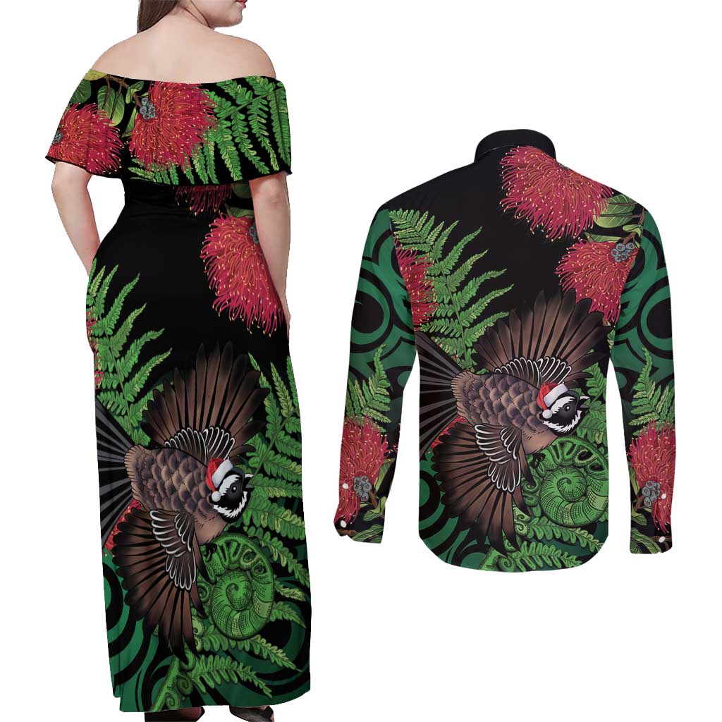 Meri Kirihimete New Zealand Couples Matching Off Shoulder Maxi Dress and Long Sleeve Button Shirt Piwakawaka Koru Fern Mix Pohutukawa - Polynesian Pride