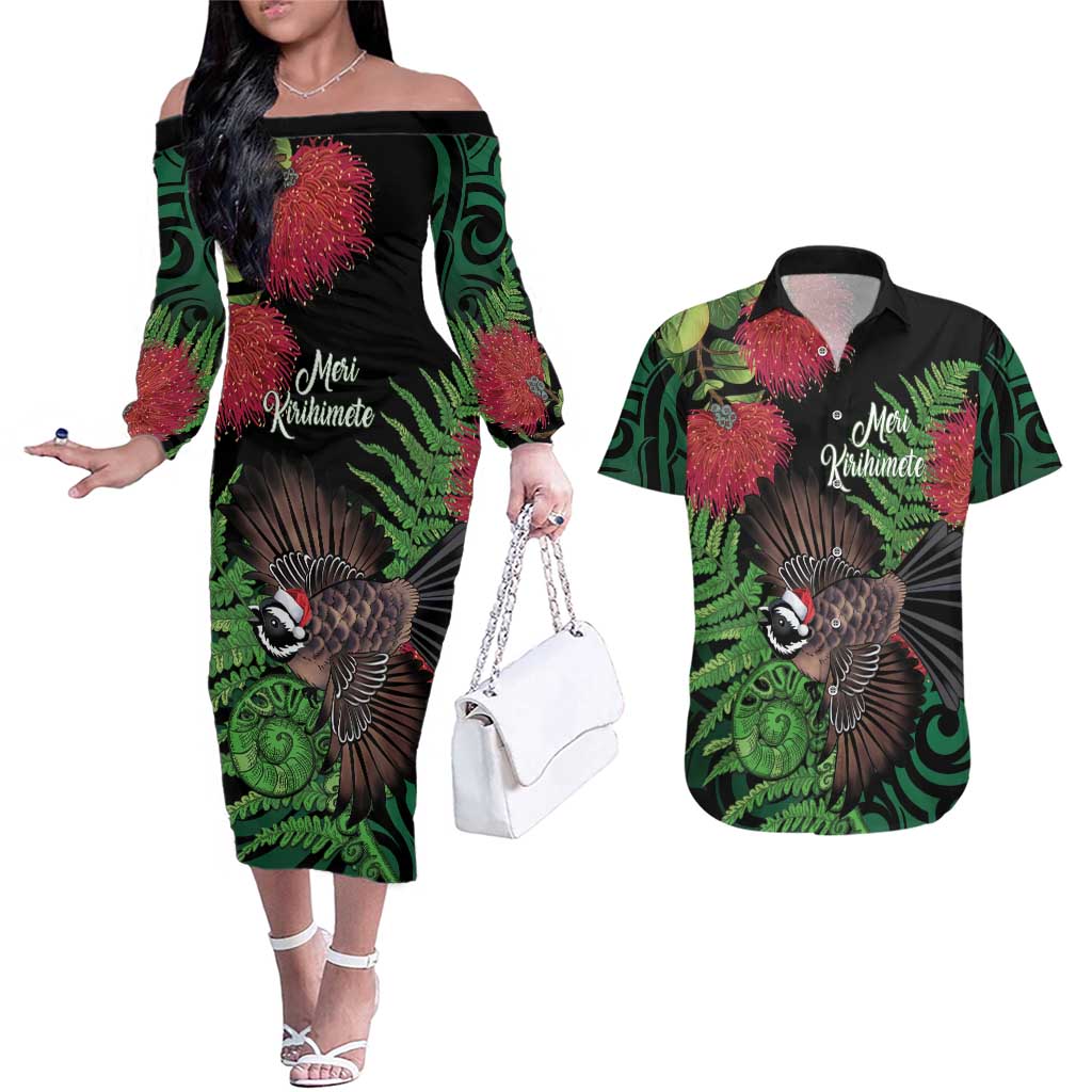 Meri Kirihimete New Zealand Couples Matching Off The Shoulder Long Sleeve Dress and Hawaiian Shirt Piwakawaka Koru Fern Mix Pohutukawa LT14 Black - Polynesian Pride