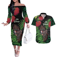 Meri Kirihimete New Zealand Couples Matching Off The Shoulder Long Sleeve Dress and Hawaiian Shirt Piwakawaka Koru Fern Mix Pohutukawa LT14 Black - Polynesian Pride