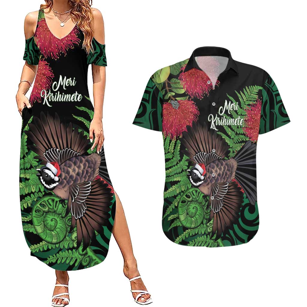 Meri Kirihimete New Zealand Couples Matching Summer Maxi Dress and Hawaiian Shirt Piwakawaka Koru Fern Mix Pohutukawa - Polynesian Pride