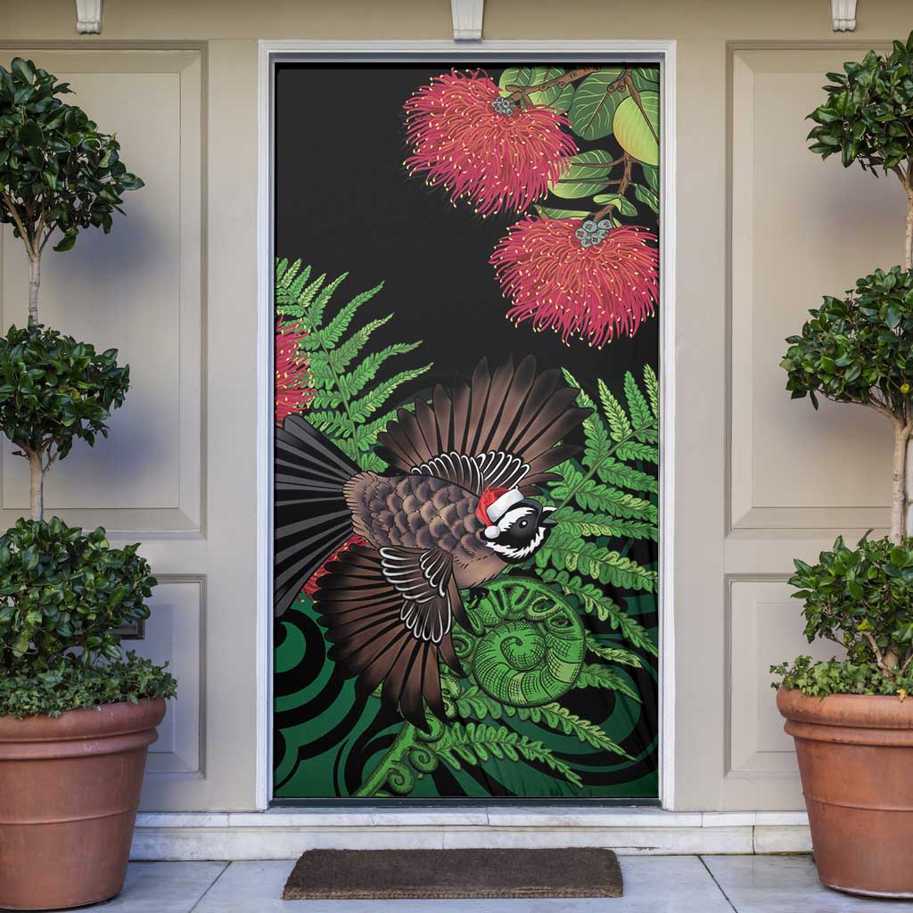 Meri Kirihimete New Zealand Door Cover Piwakawaka Koru Fern Mix Pohutukawa LT14 Black - Polynesian Pride