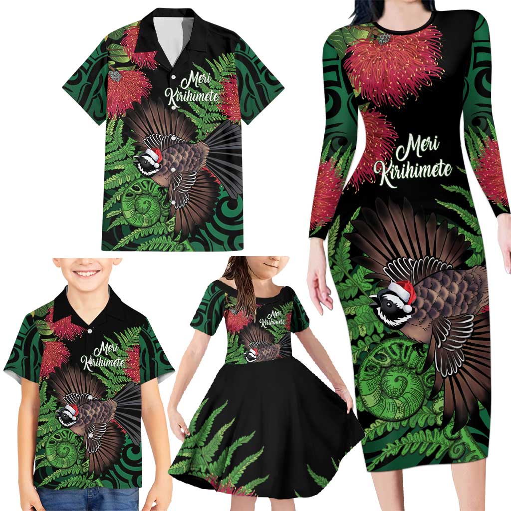 Meri Kirihimete New Zealand Family Matching Long Sleeve Bodycon Dress and Hawaiian Shirt Piwakawaka Koru Fern Mix Pohutukawa LT14 - Polynesian Pride