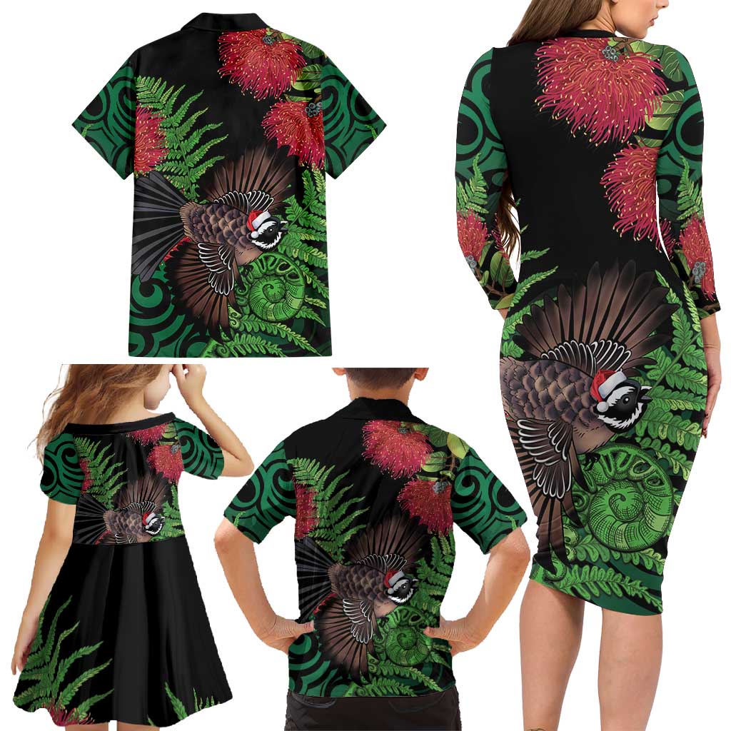 Meri Kirihimete New Zealand Family Matching Long Sleeve Bodycon Dress and Hawaiian Shirt Piwakawaka Koru Fern Mix Pohutukawa LT14 - Polynesian Pride