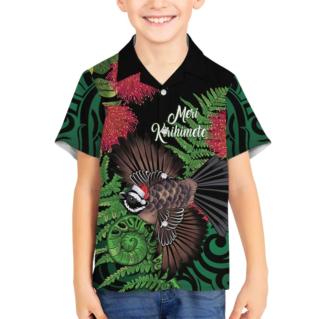 Meri Kirihimete New Zealand Family Matching Long Sleeve Bodycon Dress and Hawaiian Shirt Piwakawaka Koru Fern Mix Pohutukawa LT14 Son's Shirt Black - Polynesian Pride