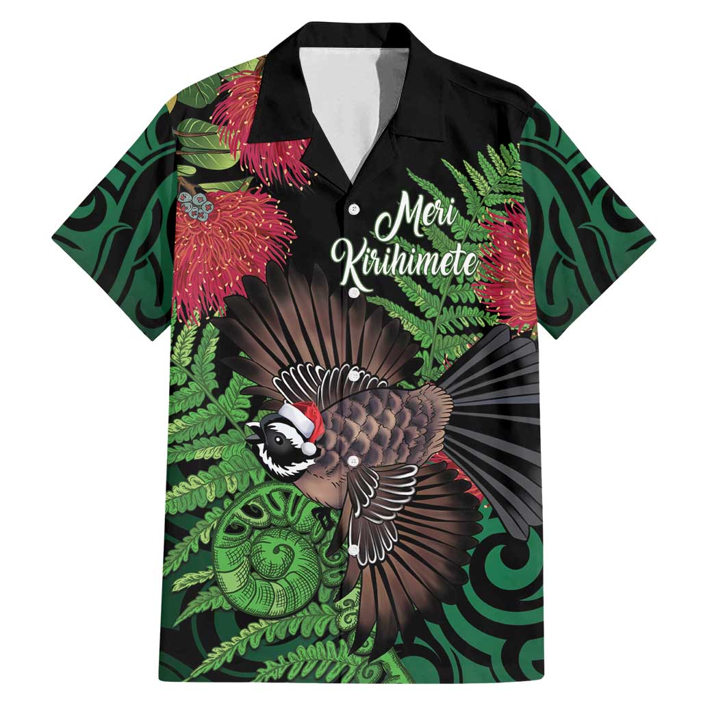 Meri Kirihimete New Zealand Family Matching Mermaid Dress and Hawaiian Shirt Piwakawaka Koru Fern Mix Pohutukawa LT14 Dad's Shirt - Short Sleeve Black - Polynesian Pride