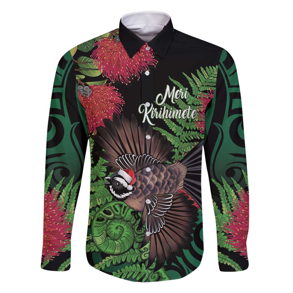 Meri Kirihimete New Zealand Family Matching Mermaid Dress and Hawaiian Shirt Piwakawaka Koru Fern Mix Pohutukawa LT14 Dad's Shirt - Long Sleeve Black - Polynesian Pride
