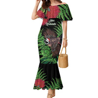 Meri Kirihimete New Zealand Family Matching Mermaid Dress and Hawaiian Shirt Piwakawaka Koru Fern Mix Pohutukawa LT14 Mom's Dress Black - Polynesian Pride