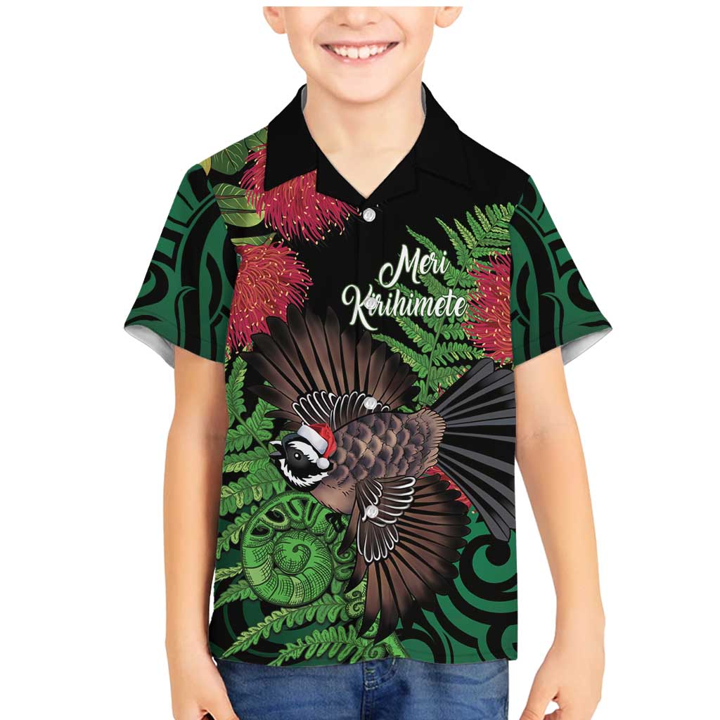 Meri Kirihimete New Zealand Family Matching Mermaid Dress and Hawaiian Shirt Piwakawaka Koru Fern Mix Pohutukawa LT14 Son's Shirt Black - Polynesian Pride