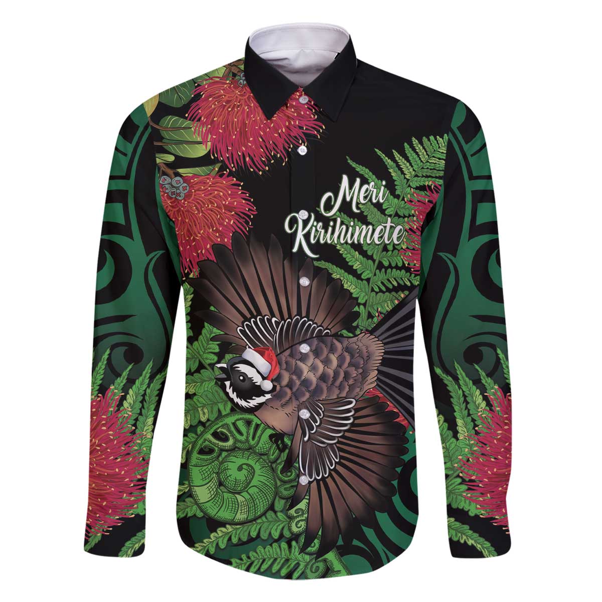 Meri Kirihimete New Zealand Family Matching Off The Shoulder Long Sleeve Dress and Hawaiian Shirt Piwakawaka Koru Fern Mix Pohutukawa LT14 Dad's Shirt - Long Sleeve Black - Polynesian Pride
