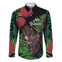 Meri Kirihimete New Zealand Family Matching Off The Shoulder Long Sleeve Dress and Hawaiian Shirt Piwakawaka Koru Fern Mix Pohutukawa LT14 Dad's Shirt - Long Sleeve Black - Polynesian Pride
