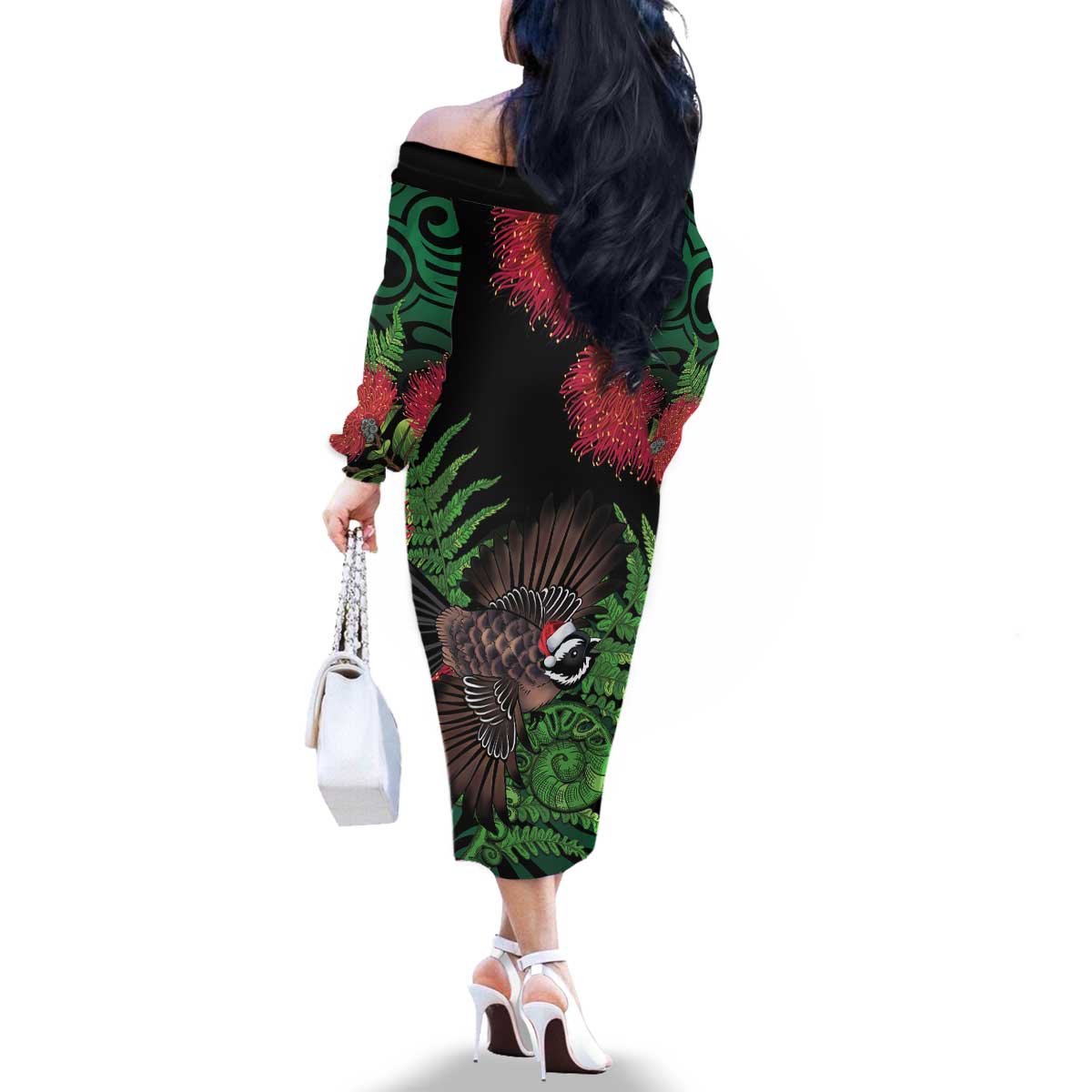 Meri Kirihimete New Zealand Family Matching Off The Shoulder Long Sleeve Dress and Hawaiian Shirt Piwakawaka Koru Fern Mix Pohutukawa LT14 - Polynesian Pride
