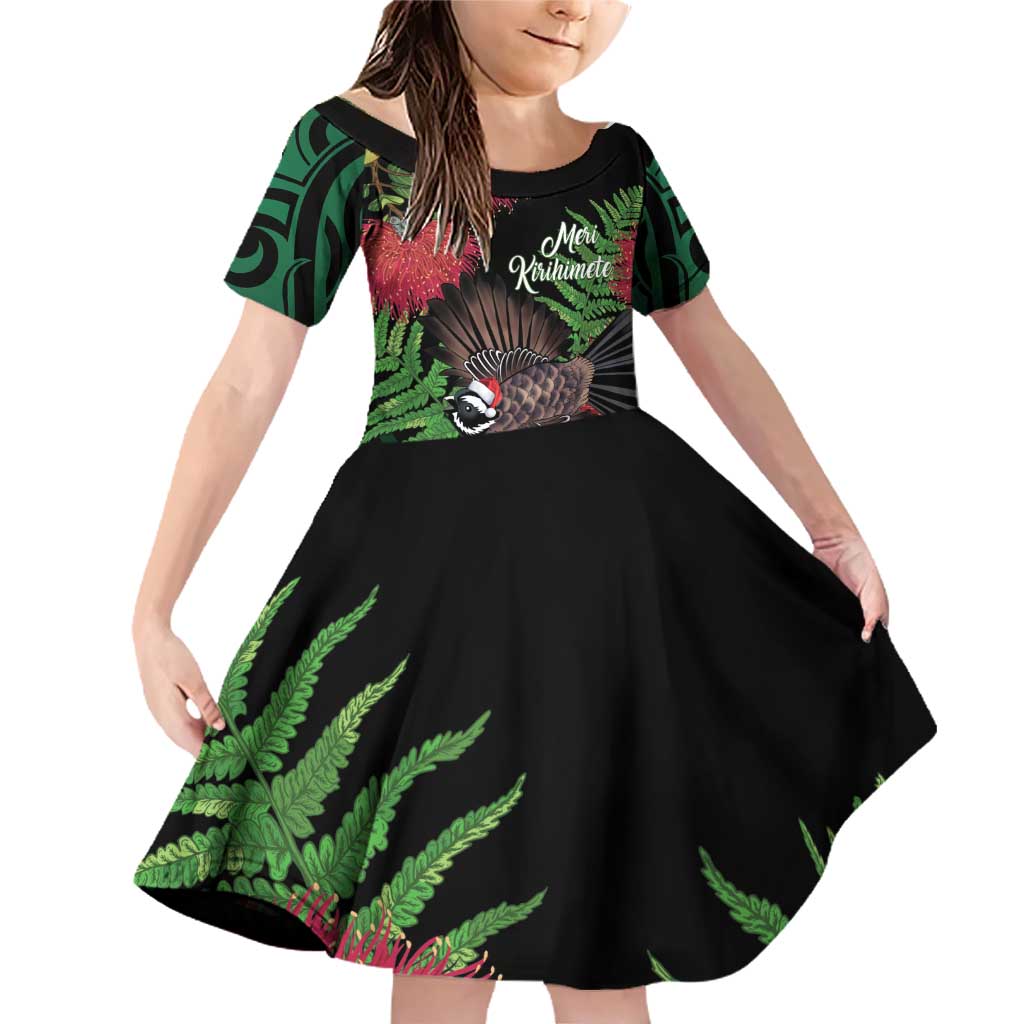Meri Kirihimete New Zealand Family Matching Off Shoulder Short Dress and Hawaiian Shirt Piwakawaka Koru Fern Mix Pohutukawa LT14 Daughter's Dress Black - Polynesian Pride